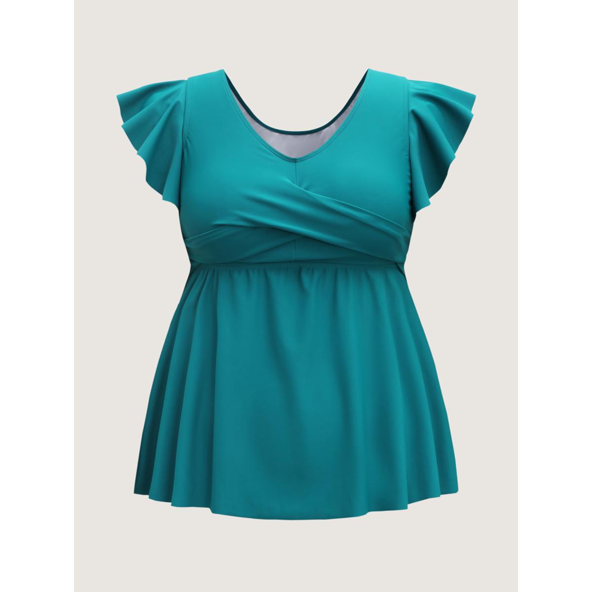 Plus Size Twist Front Fit and Flare Swim Top Women's Swimwear Teal Resort Twist High stretch Bodycon V-neck Curve Swim Tops BloomChic 12/L Product Image