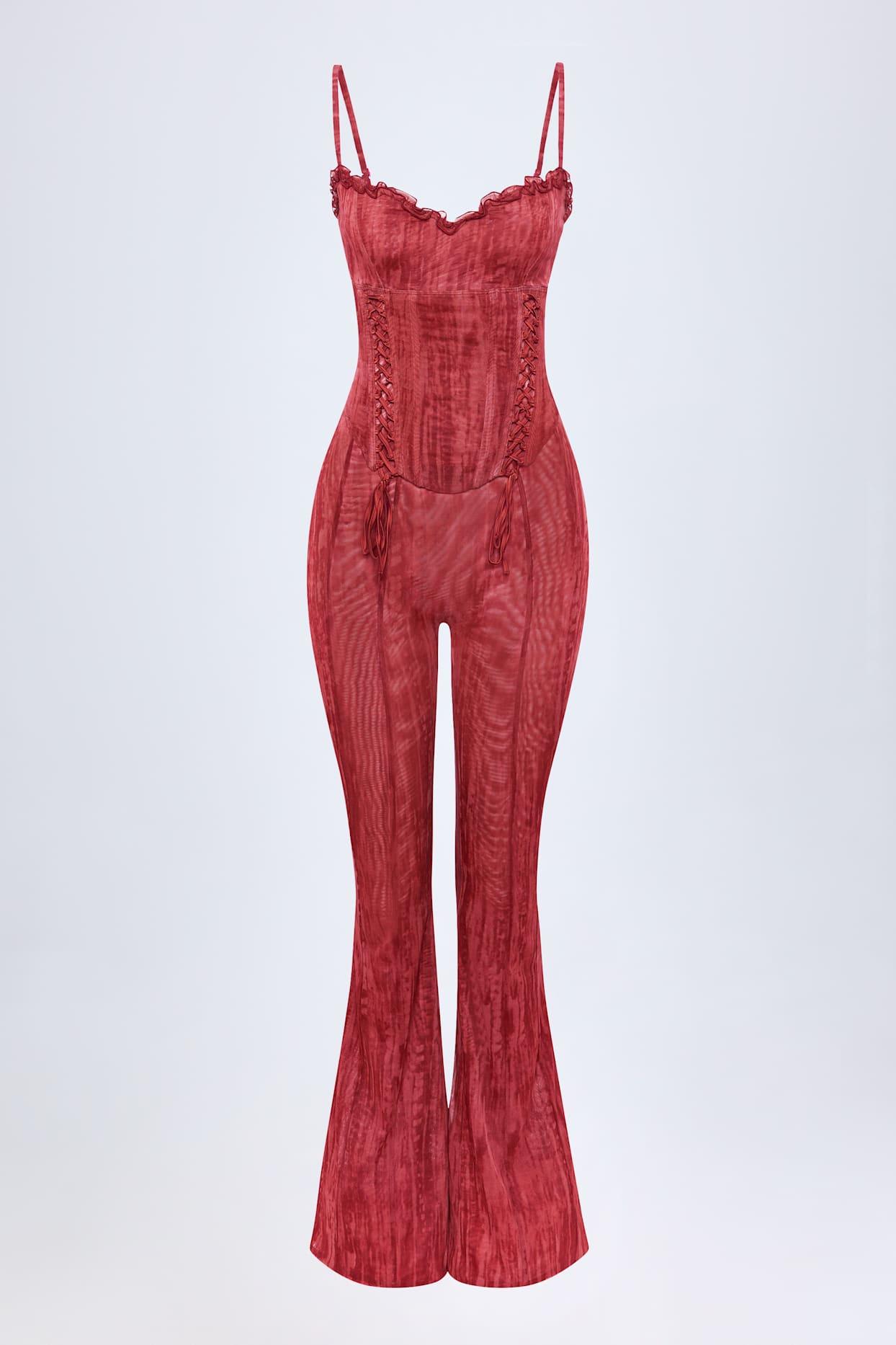 Lace-Up Ruffled Flared Jumpsuit in Red Print Product Image