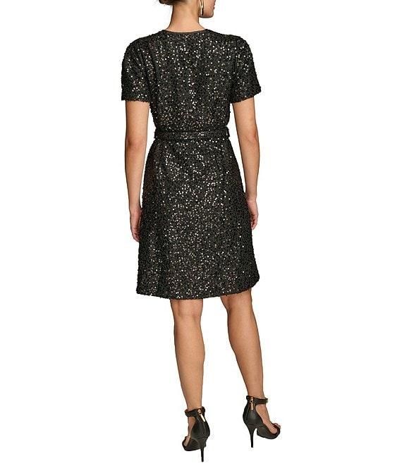 Donna Karan Sequin Tweed Square Neck Short Sleeve Belted Sheath Dress Product Image