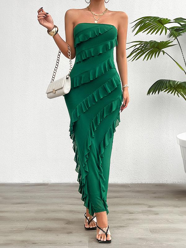 Bodycon High Waisted Ruffle Trim Solid Color Split-Back Split-Joint Tube Maxi Dresses Product Image