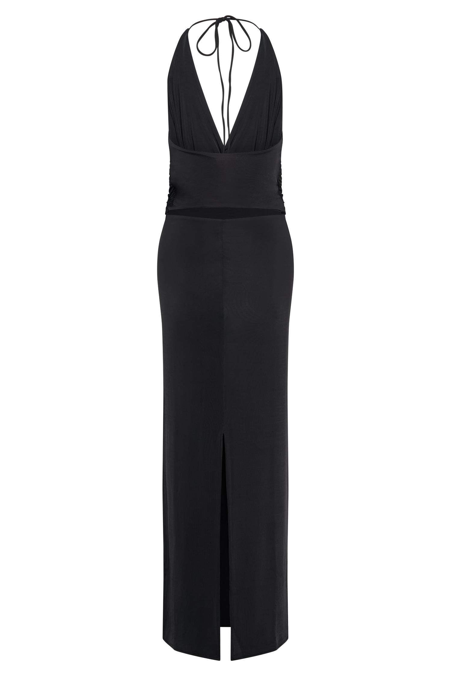 Tyla Draped Slinky Halter Maxi Dress - Black Product Image