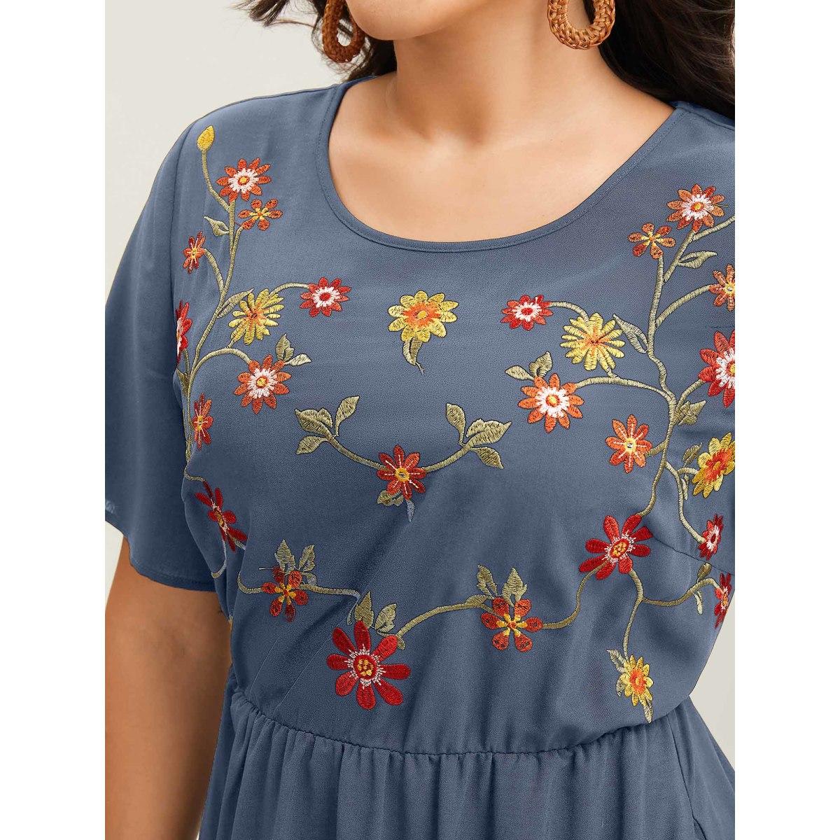 Plus Size Floral Embroidered Waist-Cinched Midi Dress Burgundy Women Boho Round Neck Short sleeve Curvy BloomChic 10/M Product Image