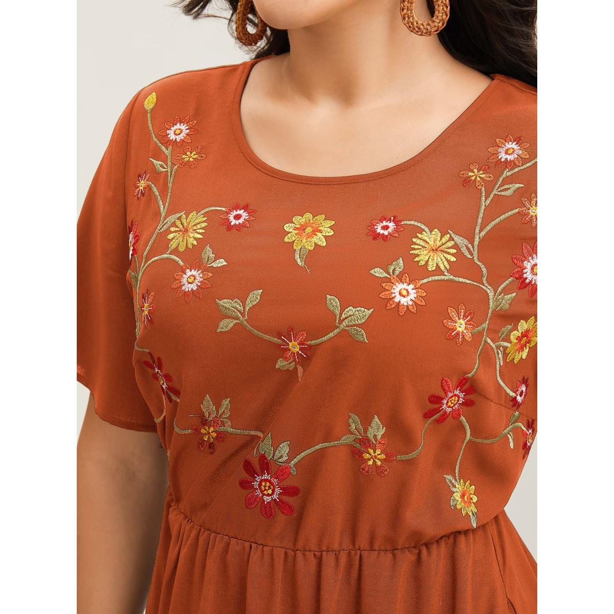 Plus Size Floral Embroidered Waist-Cinched Midi Dress Brightorange Women Boho Round Neck Short sleeve Curvy BloomChic 12/L Product Image