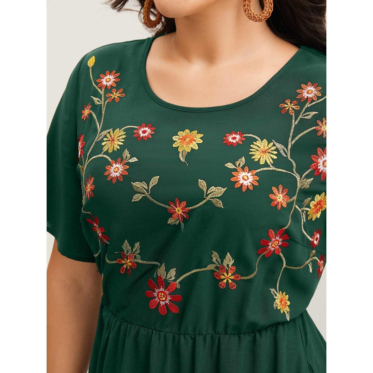 Plus Size Floral Embroidered Waist-Cinched Midi Dress Burgundy Women Boho Round Neck Short sleeve Curvy BloomChic 10/M Product Image