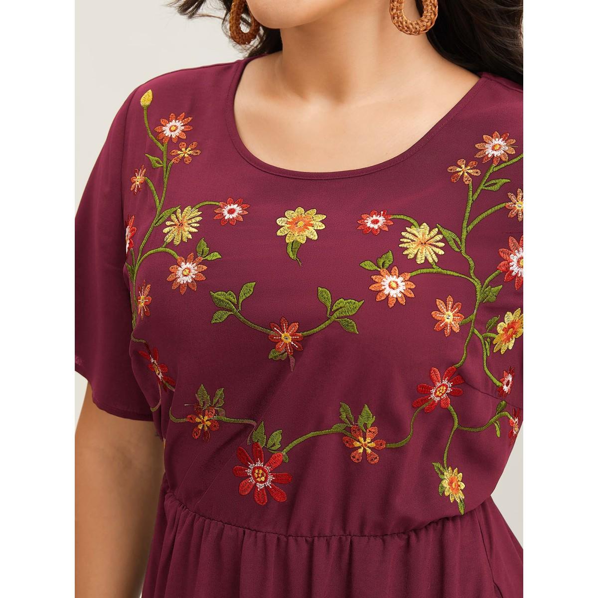 Plus Size Floral Embroidered Waist-Cinched Midi Dress Burgundy Women Boho Round Neck Short sleeve Curvy BloomChic 10/M Product Image