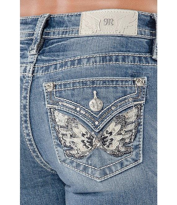Miss Me Mid Rise Embellished Wing Back Flap Pocket 34#double; Inseam Bootcut Jeans Product Image