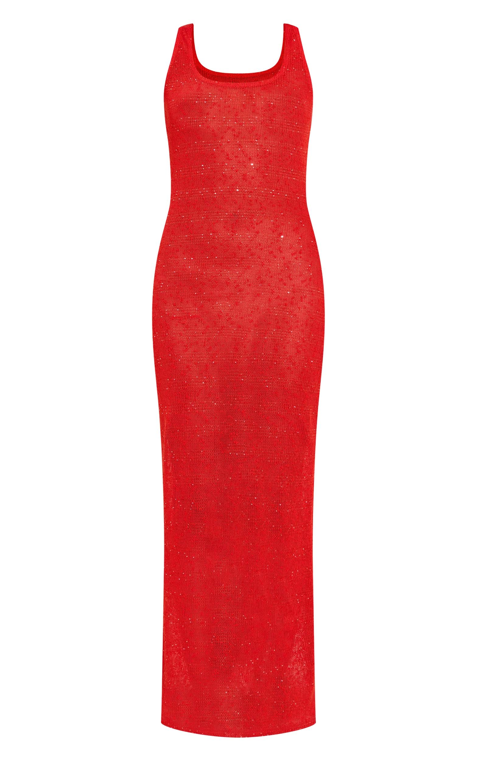 Tomato Red Sequin Sheer Racer Neck Maxi Dress Product Image