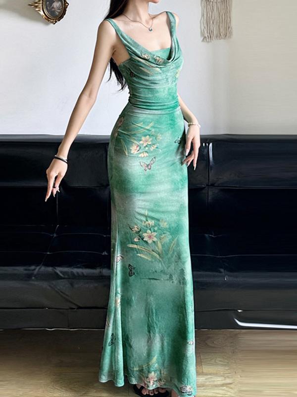 Retro Pastoral Butterfly Floral Print Maxi Dresses Product Image