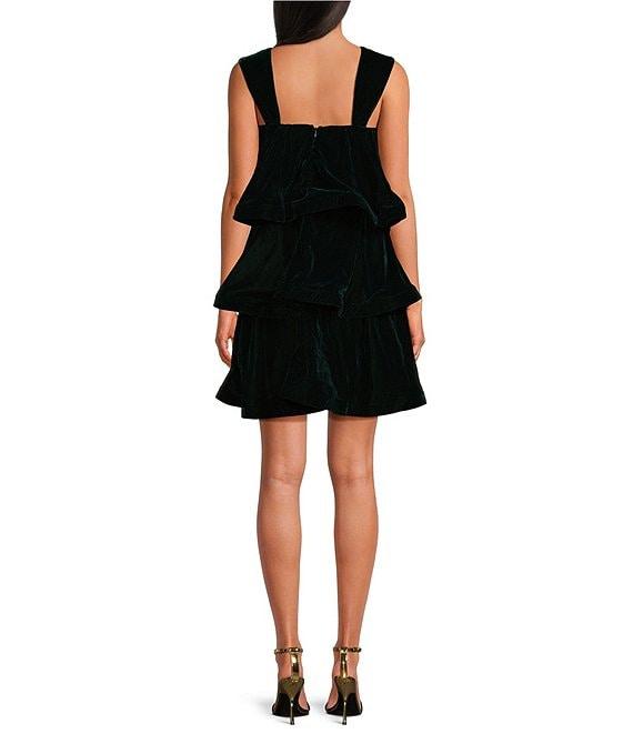 Buru Teagan Velvet Square Neck Wide Strap Tiered Ruffle A-Line Convertible Mini to Maxi Flounce Dress Product Image