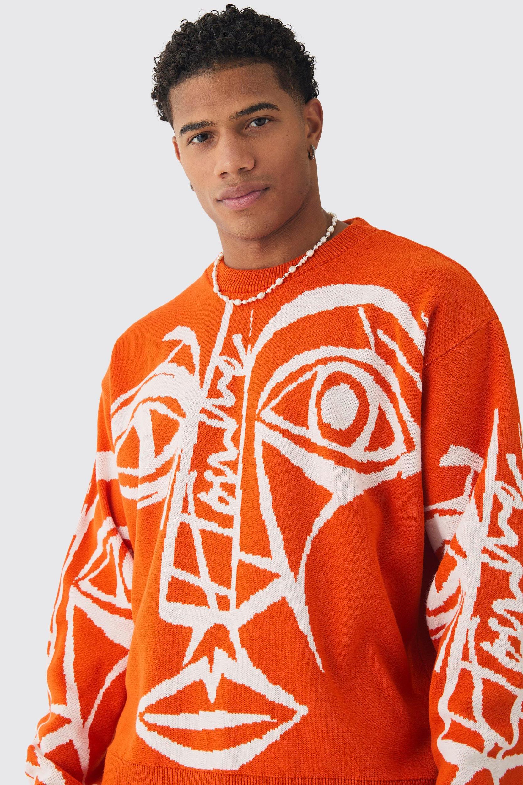 Oversized Boxy Abstract Line Face Knitted Sweater | boohooMAN USA Product Image