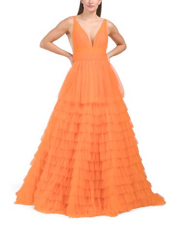 V-neck Ruffle Tulle Gown for Women | Polyester Product Image