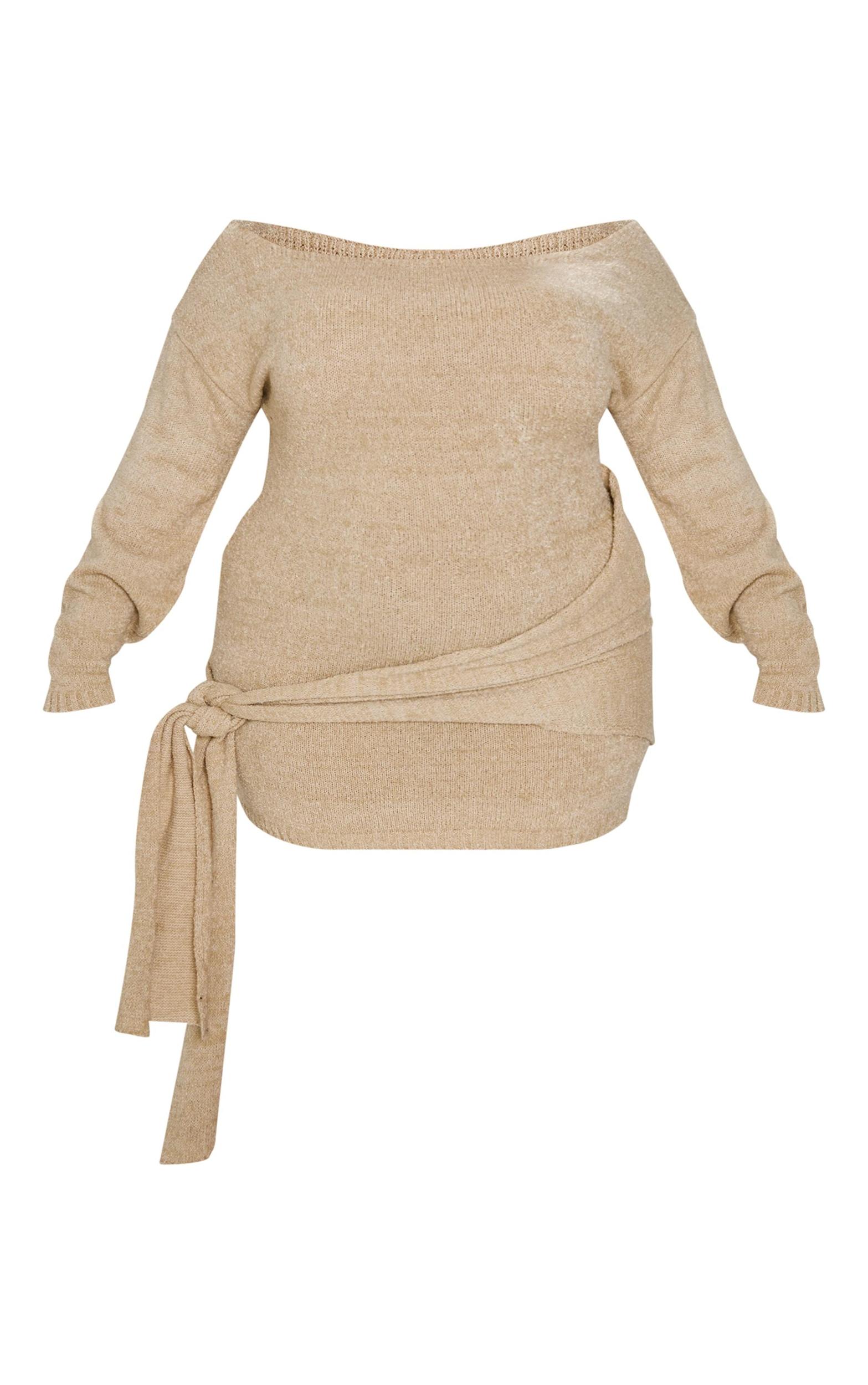 Plus Deep Nude Bardot Knot Mini Dress Product Image