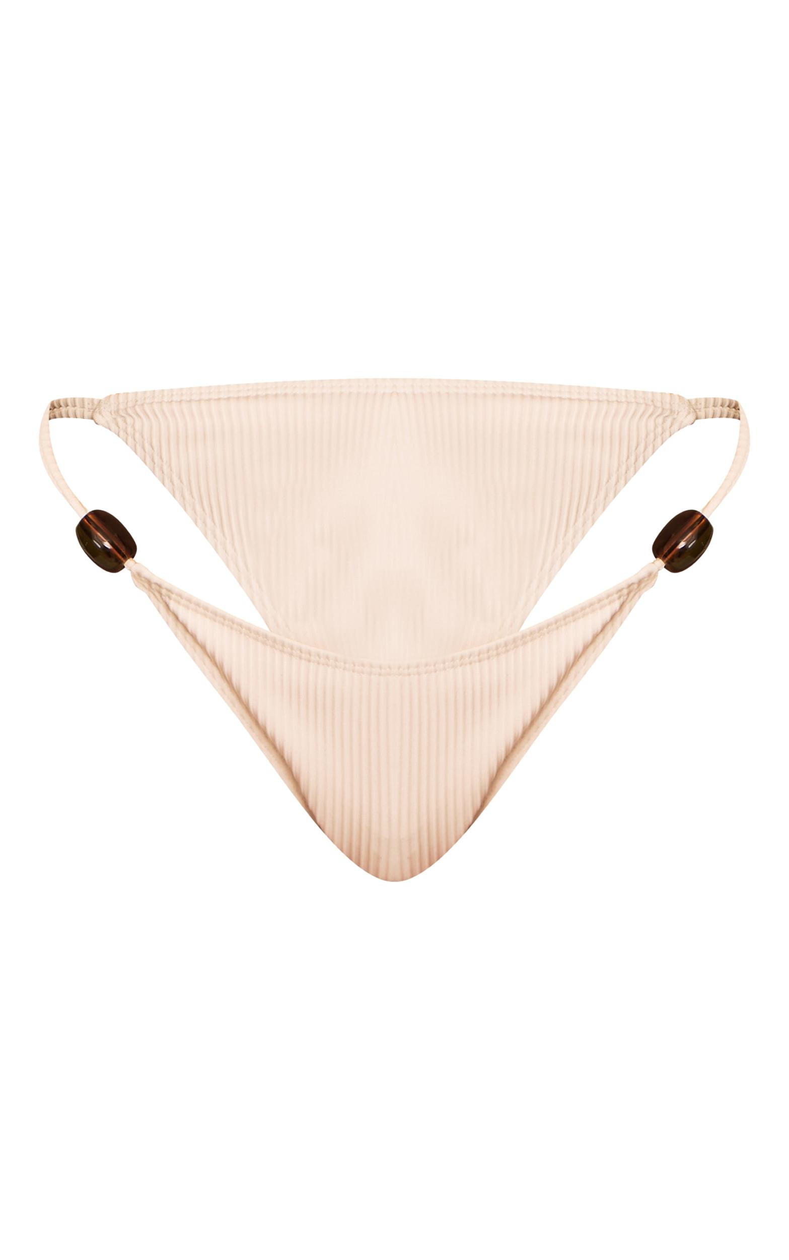Ivory Ribbed Bead Trim Tanga Bikini Bottoms Product Image