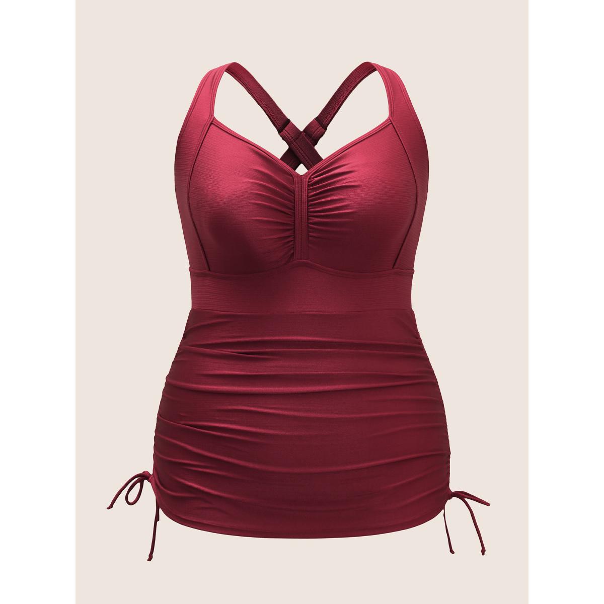 Plus Size Ruched Skinny Drawstring Heart Neckline One Piece Swimsuit Women's Swimwear Burgundy Beach Gathered Curve Bathing Suits High stretch One Pieces BloomChic 30/6X Product Image