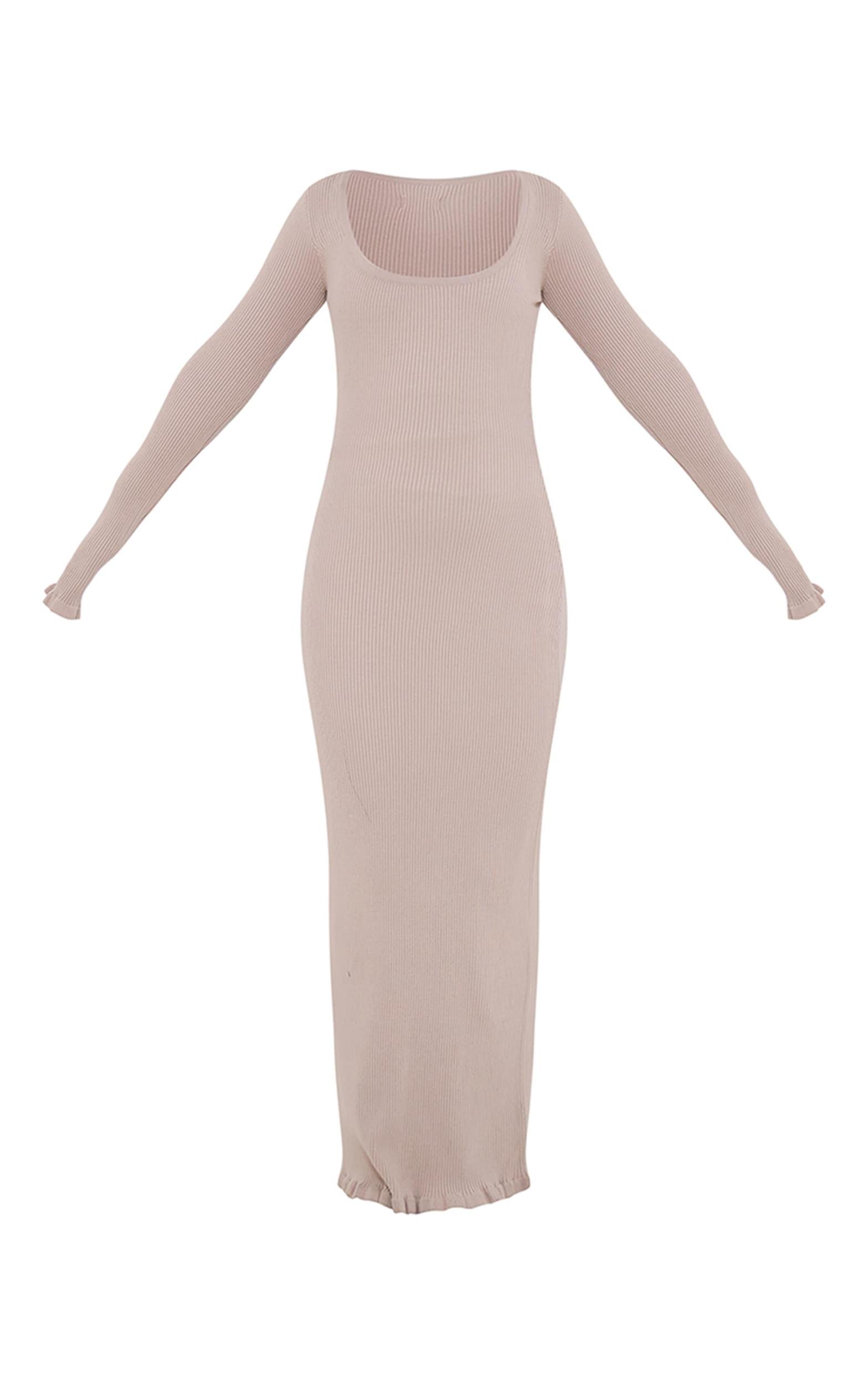 Beige Rib Knit Piquet Hem Maxi Dress Product Image