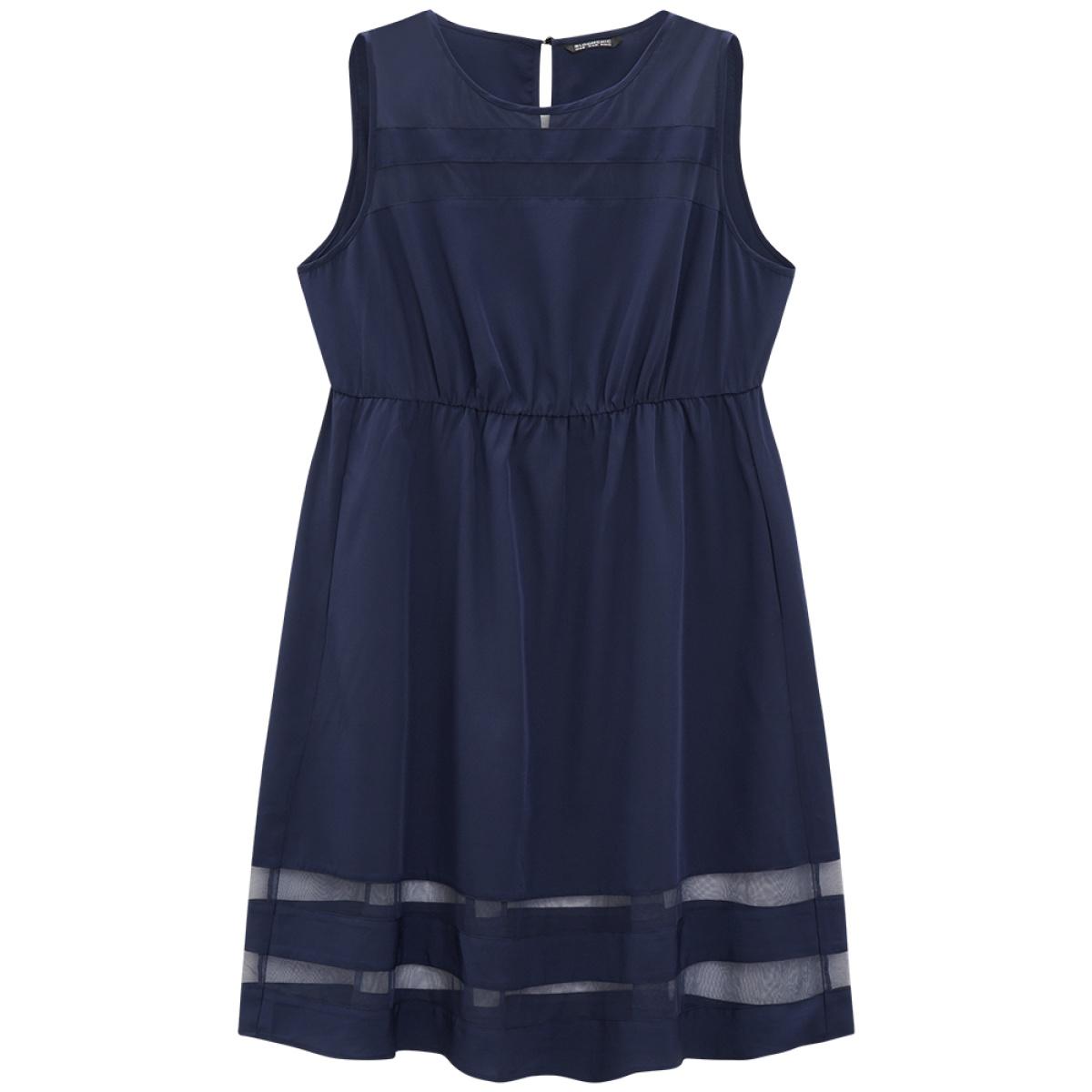 Plus Size Mesh Patchwork Pocket Elastic Waist Gathered Tank Dress DarkBlue Women Elegant Gathered Round Neck Sleeveless Curvy Knee Dress BloomChic 18-20/2X Product Image