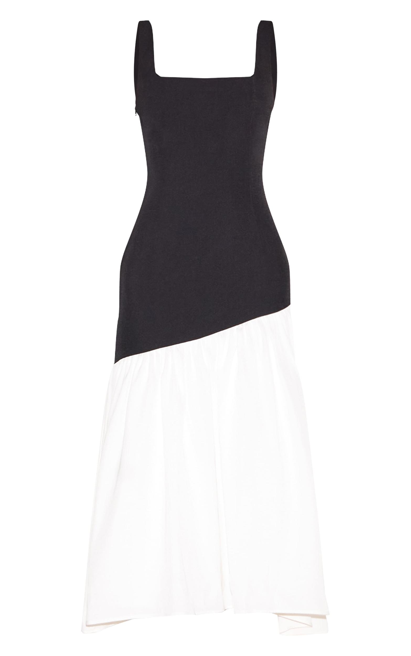 Monochrome Contrast Pleated Hem Square Neck Midaxi Dress Product Image