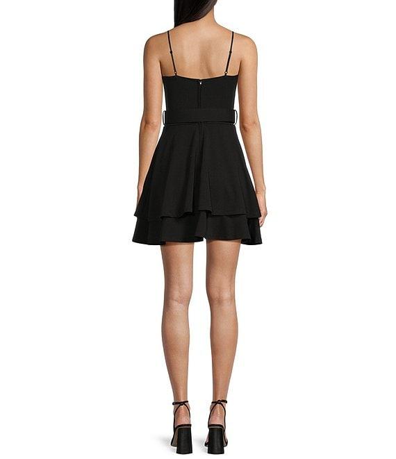 Honey and Rosie Sweetheart Neck Spaghetti Strap Belted Fit And Flare Double Layered Dress Product Image