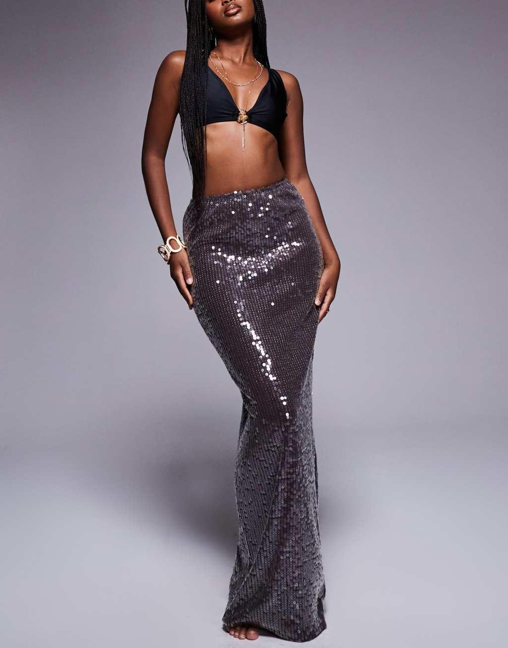 South Beach sequin maxi beach skirt in brown Product Image