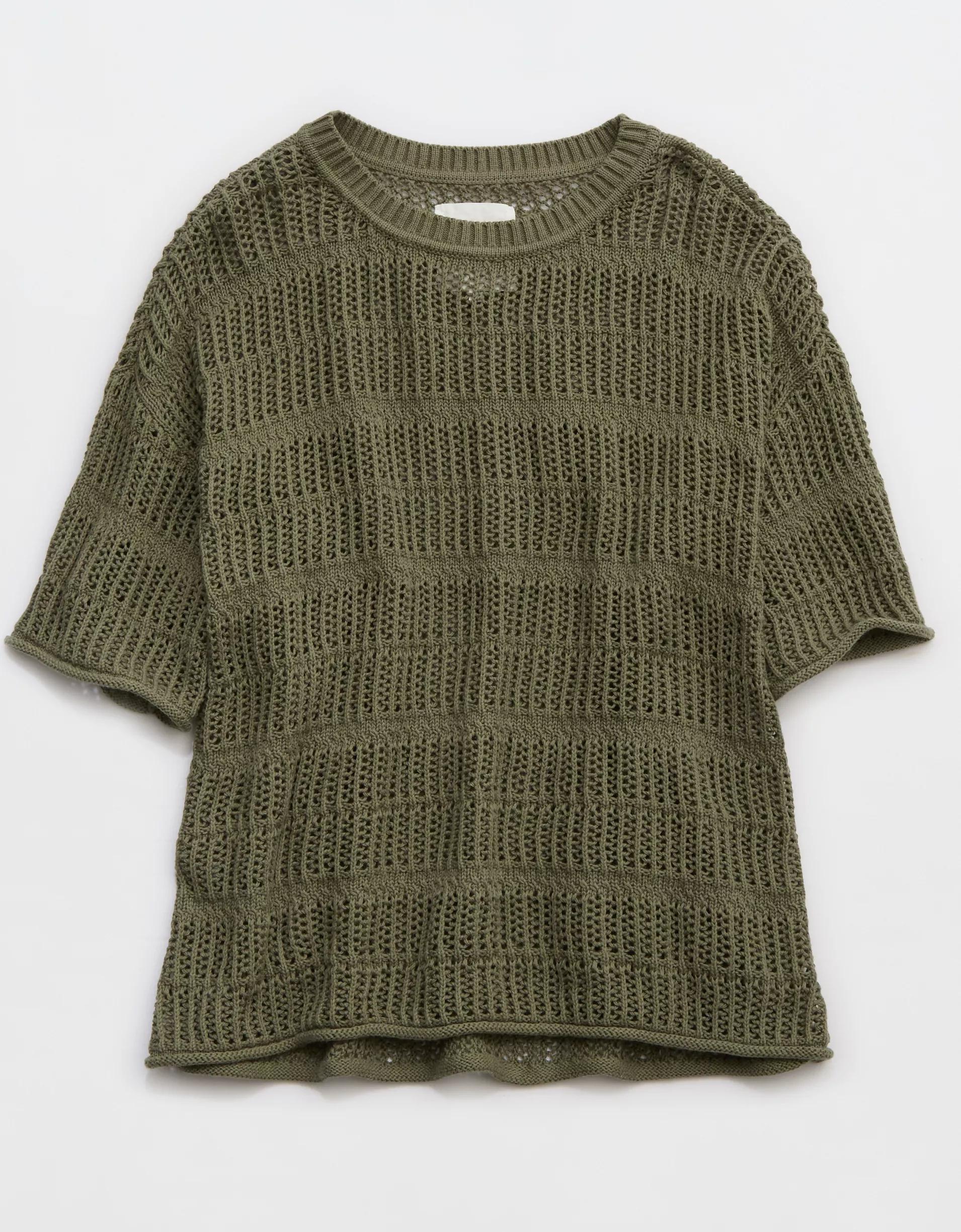 Aerie Crochet Oversized Short Sleeve Sweater Product Image