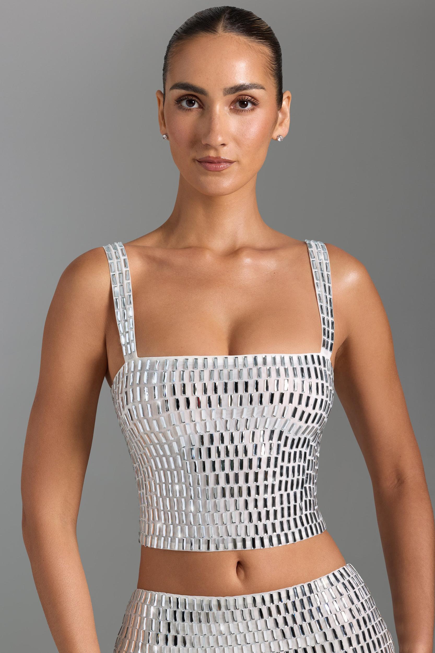 Embellished Square-Neck Top in White Product Image
