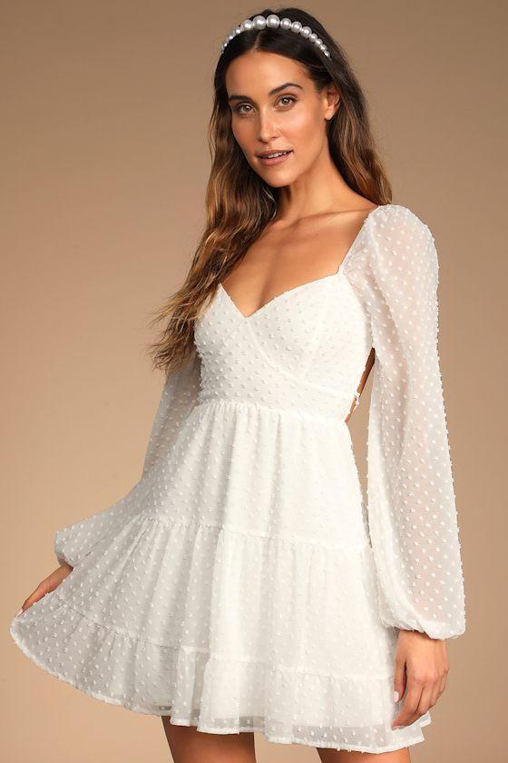 Longing And Love White Swiss Dot Puff Long Sleeve Mini Dress Product Image