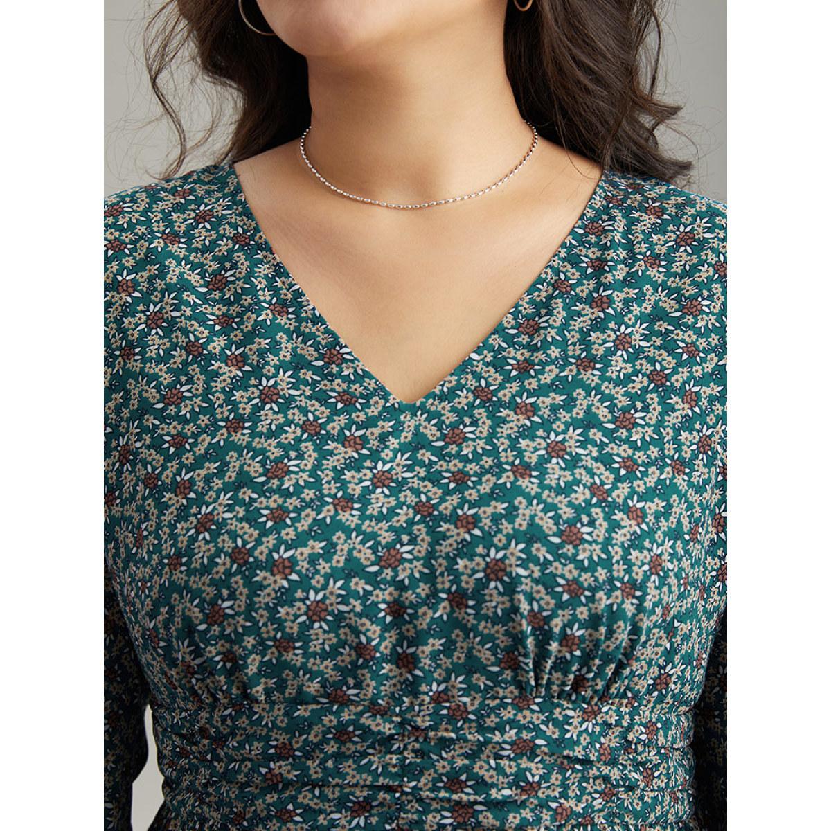 Plus Size DarkGreen Chiffon Ditsy Floral Elastic Waist Ruffle Hem Blouse Women Elegant Long Sleeve V-neck Everyday Blouses BloomChic 28/5X Product Image