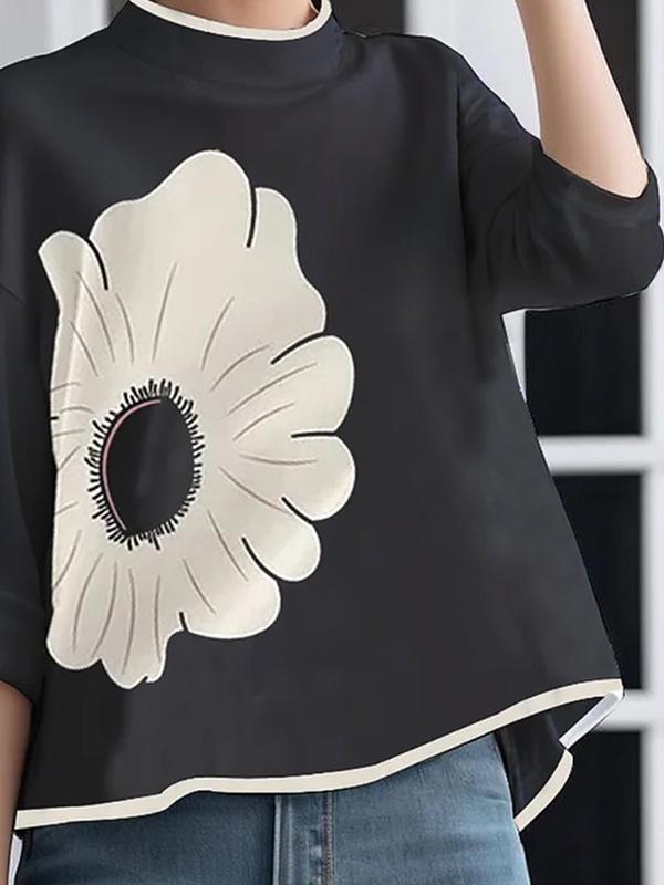 A-line High-low Flower Print Mock Neck T-Shirts Tops Product Image