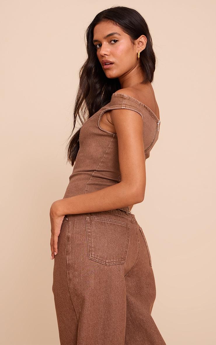Brown Off The Shoulder Stretch Denim Top Product Image