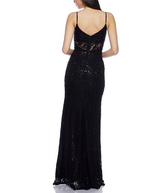 B. Darlin Stretch Sequin Lace V-Neck Spaghetti Strap Bustier Illusion Waist Front Slit Dress Product Image