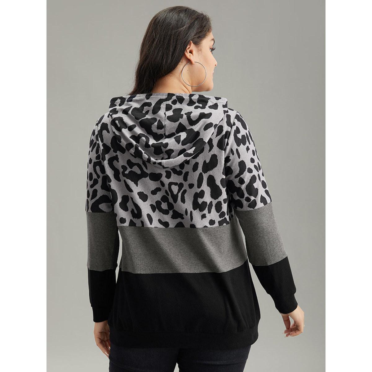 Plus Size Leopard Colorblock Contrast Hooded Drawstring Sweatshirt Women Black Casual Contrast Hooded Dailywear Sweatshirts BloomChic 10/M Product Image