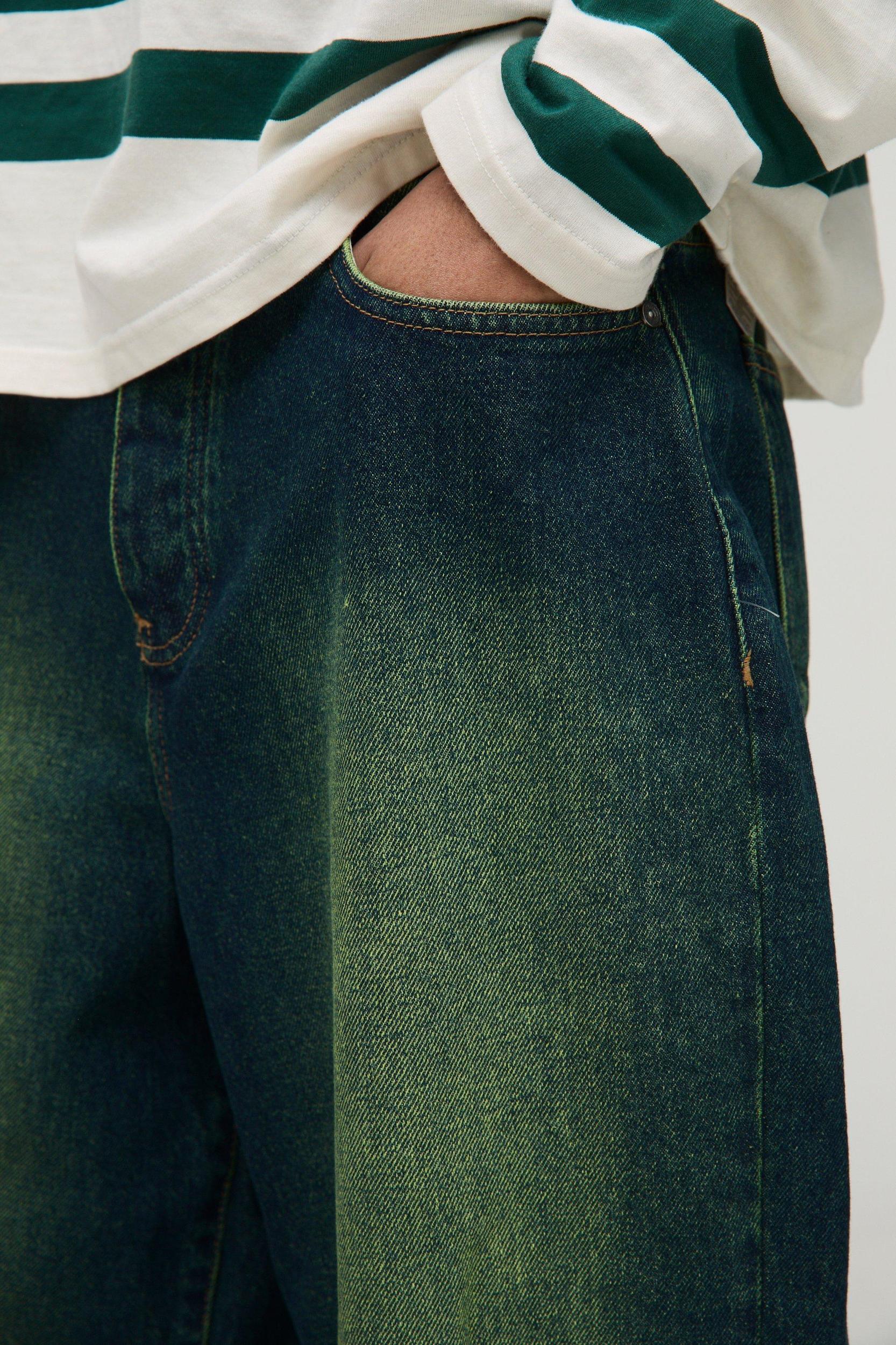 Balloon Fit Ripped Knee Green Tinted Jeans | boohooMAN USA Product Image