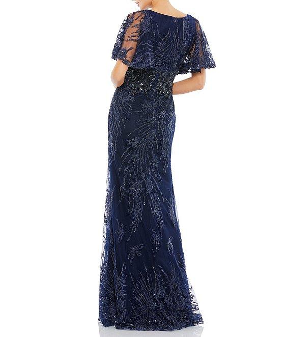 Mac Duggal Embellished Illusion V-Neck Sheer Butterfly Short Flutter Sleeve Sheath Gown Product Image