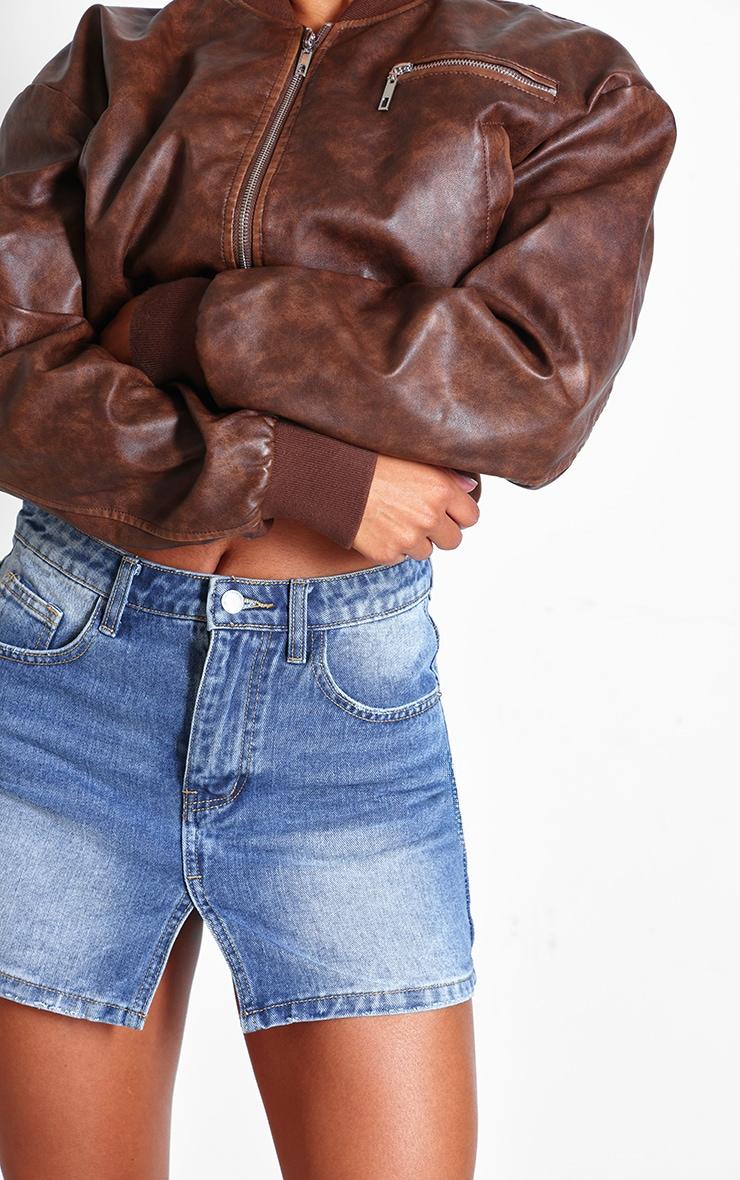 Mid Blue Wash Split Front Denim Mini Skirt Product Image