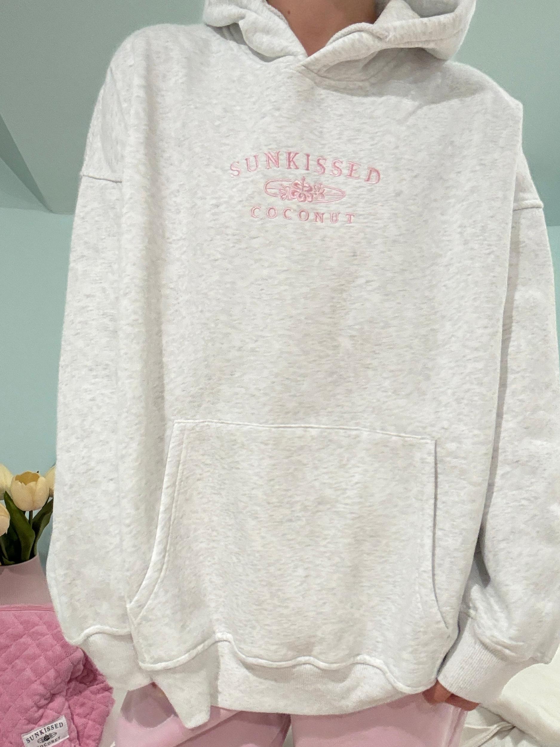 Pearl Grey and Pink Thread Sunkissedcoconut Logo Embroider Hoodie Product Image