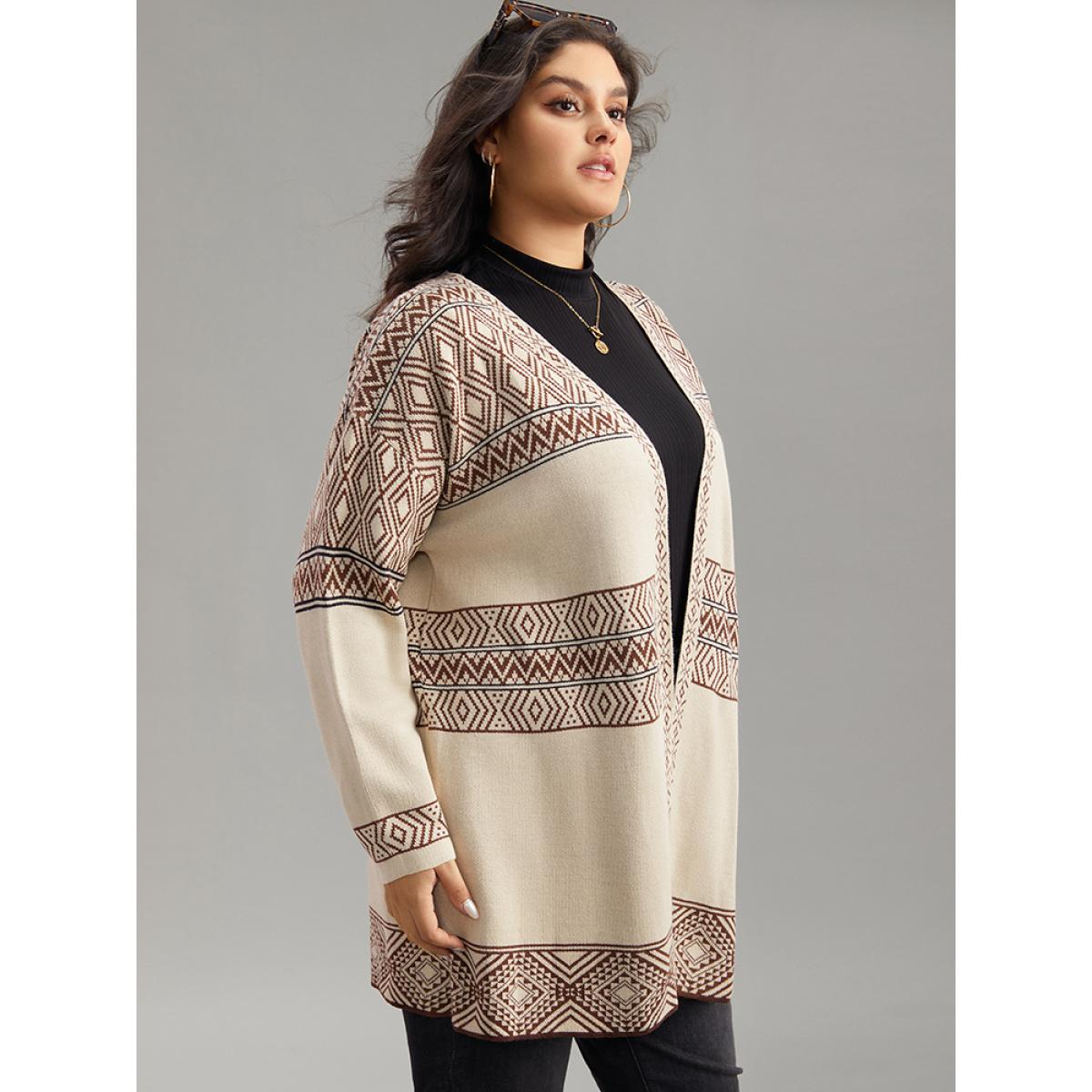 Plus Size Geometric Open Front Cardigan Champagne Women Casual Loose Long Sleeve Dailywear Cardigans BloomChic 28/5X Product Image