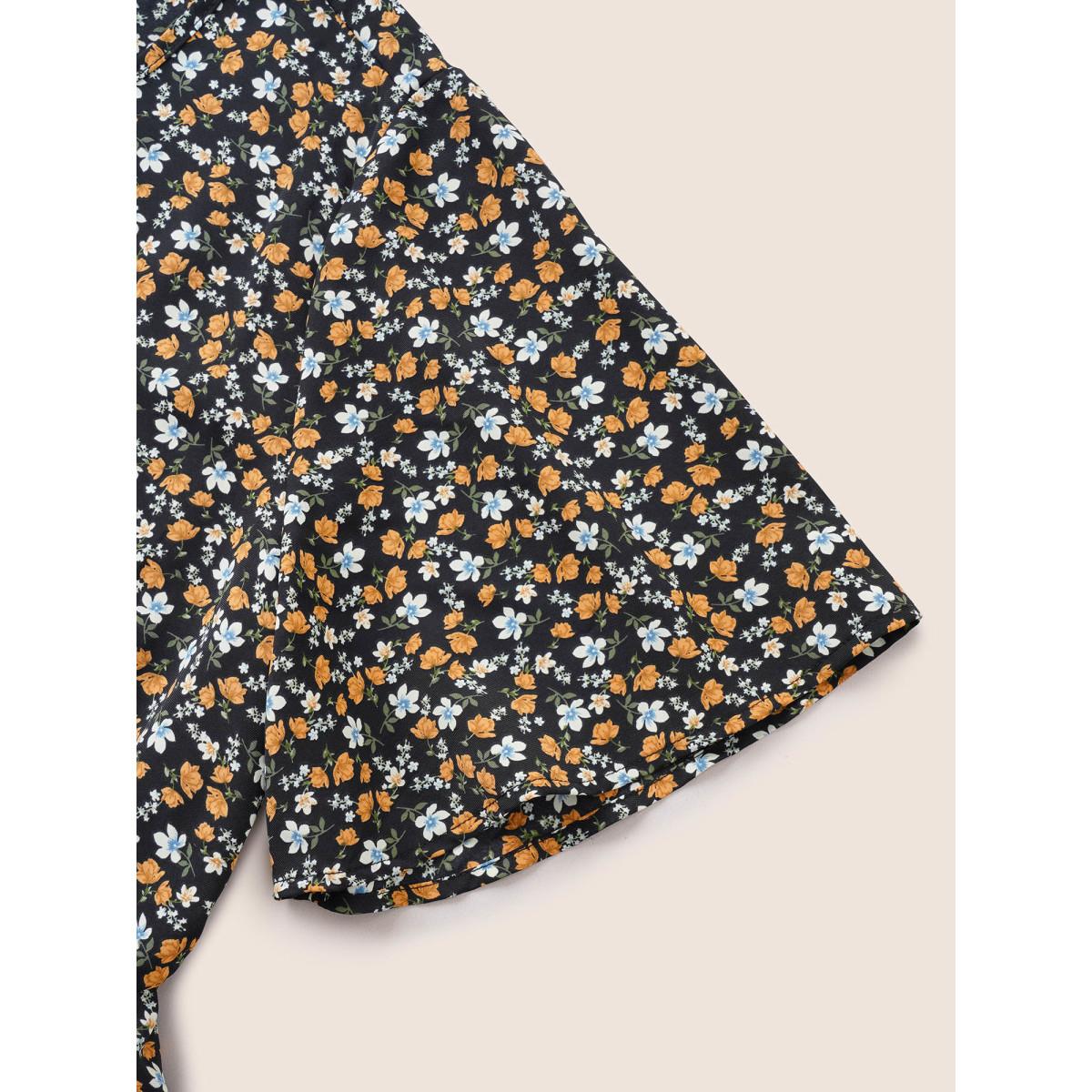 Plus Size Black Ditsy Floral Keyhole Elastic Waist Ruffle Sleeve Blouse Women Elegant Short sleeve Notched collar Everyday Blouses BloomChic 28/5X Product Image