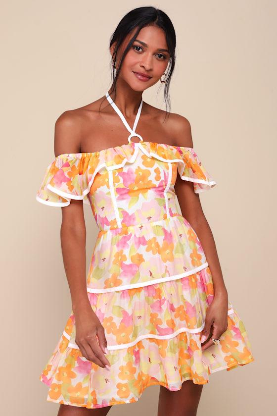 Cutest Instinct Ivory Floral Halter Cold-Shoulder Mini Dress Product Image