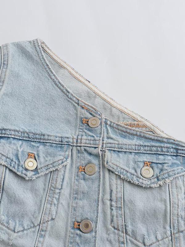 Light Wash Asymmetric Design Denim Short Bandeau Top Product Image