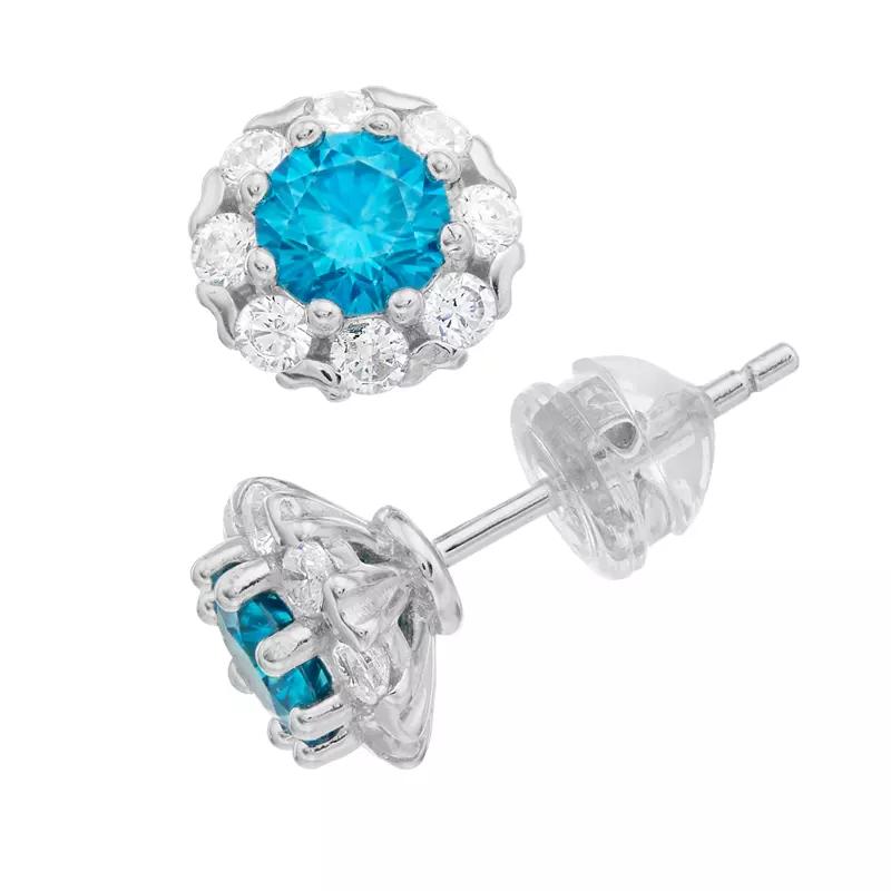 Stella Valentino Sterling Silver Lab Created Moissanite & Blue Topaz Round Halo Stud Earrings, Women's Product Image