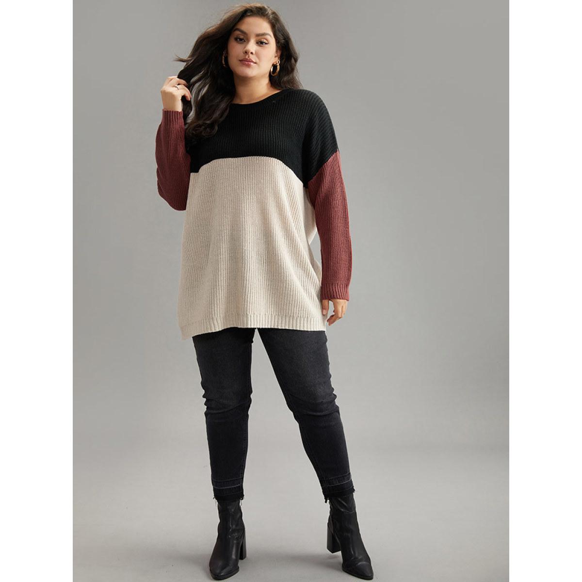 Plus Size Colorblock Contrast Crew Neck Pullover Multicolor Women Casual Loose Long Sleeve Round Neck Dailywear Pullovers BloomChic 14-16/1X Product Image