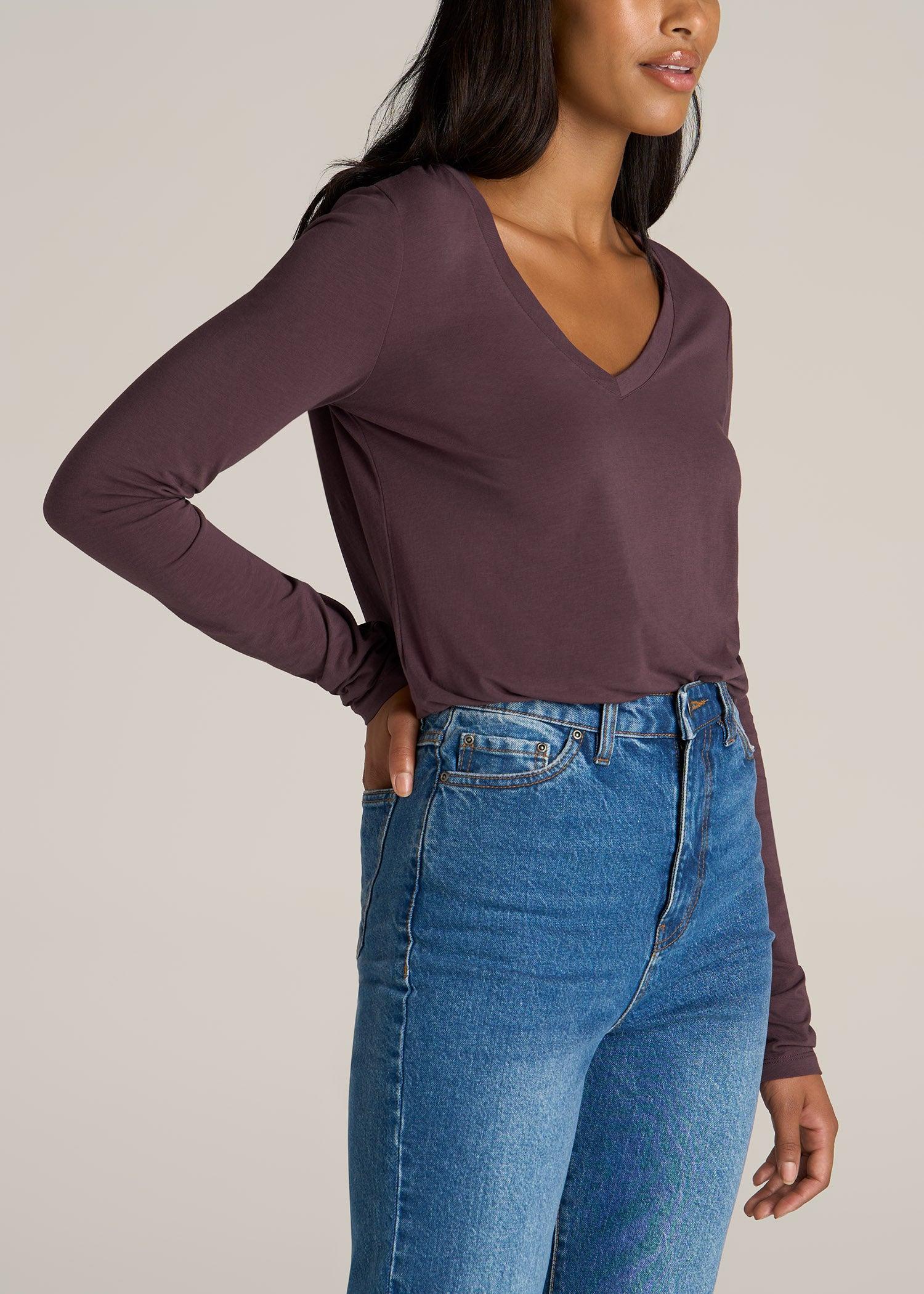 Long Sleeve Scoop V-Neck Tee Shirt for Tall Women in Merlot Female Product Image