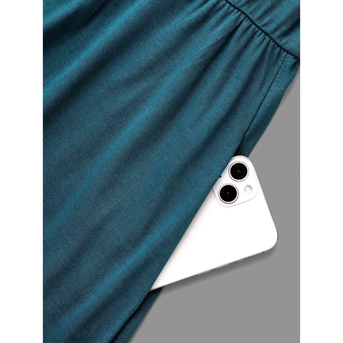 Plus Size V Neck Gathered Midi Knit Dress Aegean Women Casual Gathered Knit Dresses Bloomchic 28/5X Product Image