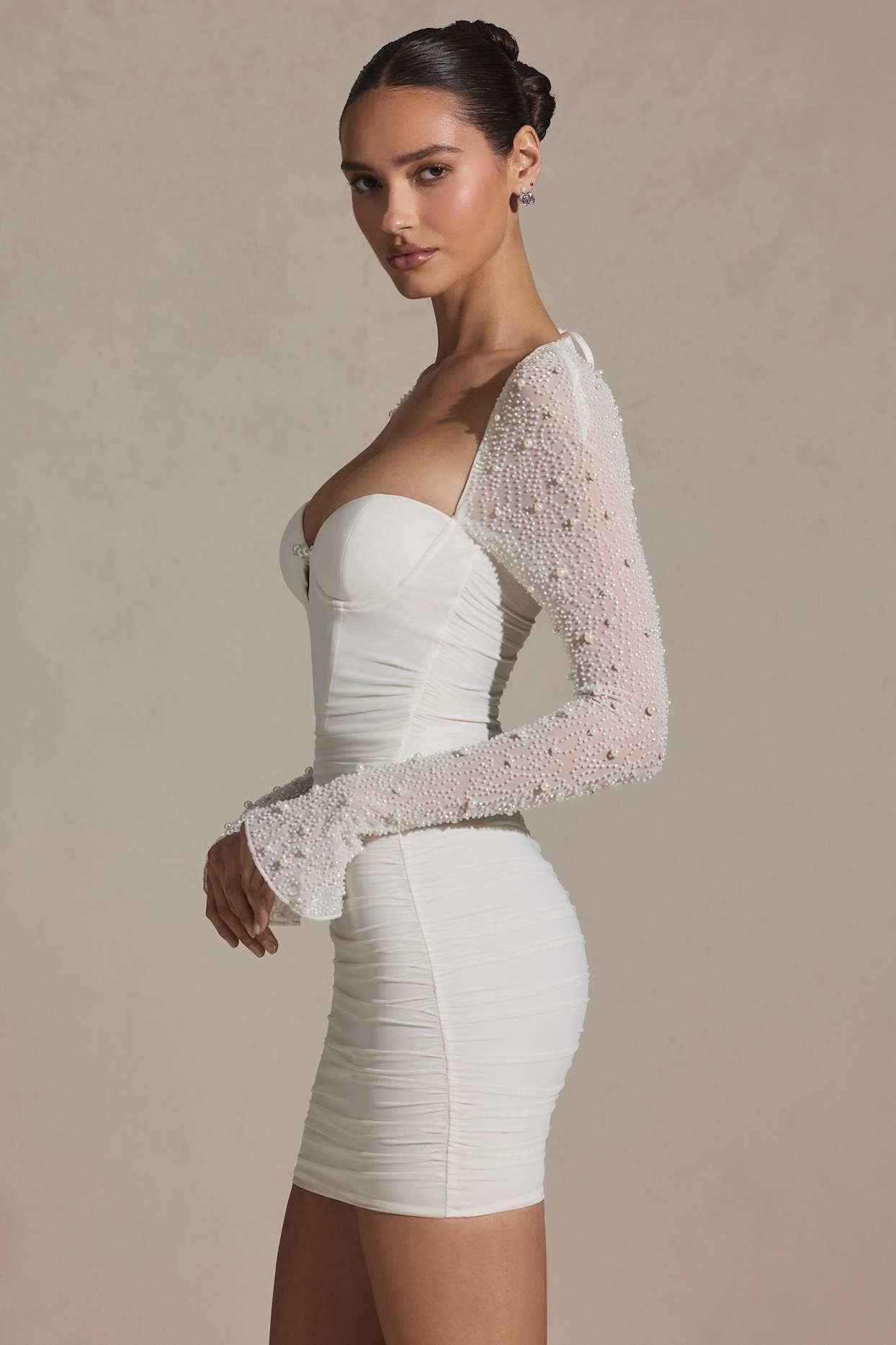 Embellished Long-Sleeve Mini Dress in White Product Image