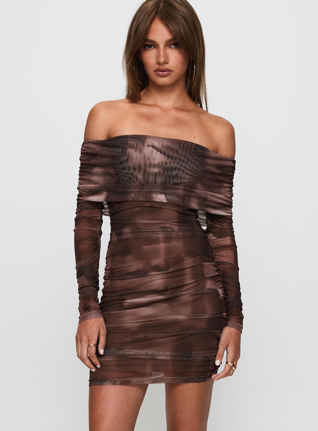 Raquella Long Sleeve Mini Dress Brown Product Image