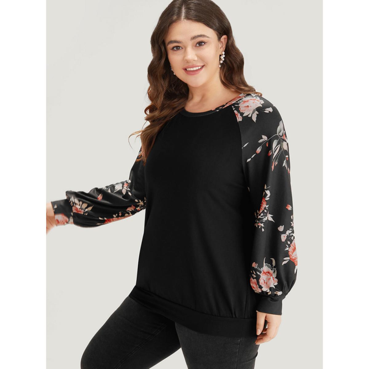 Plus Size Floral Print Raglan Sleeve Patchwork Sweatshirt Women DarkBlue Elegant Printed Round Neck Everyday Sweatshirts BloomChic 10/M Product Image