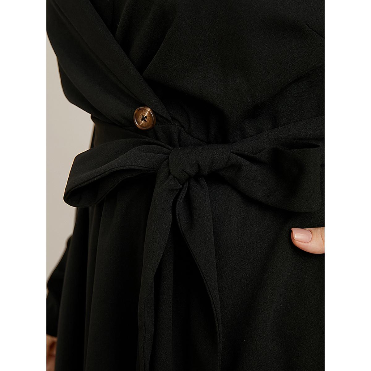Plus Size Solid Pocket Belted Surplice Neck Flutter Dress Black Women Office Belted V-neck Long Sleeve Curvy Midi Dress BloomChic 26/4X Product Image
