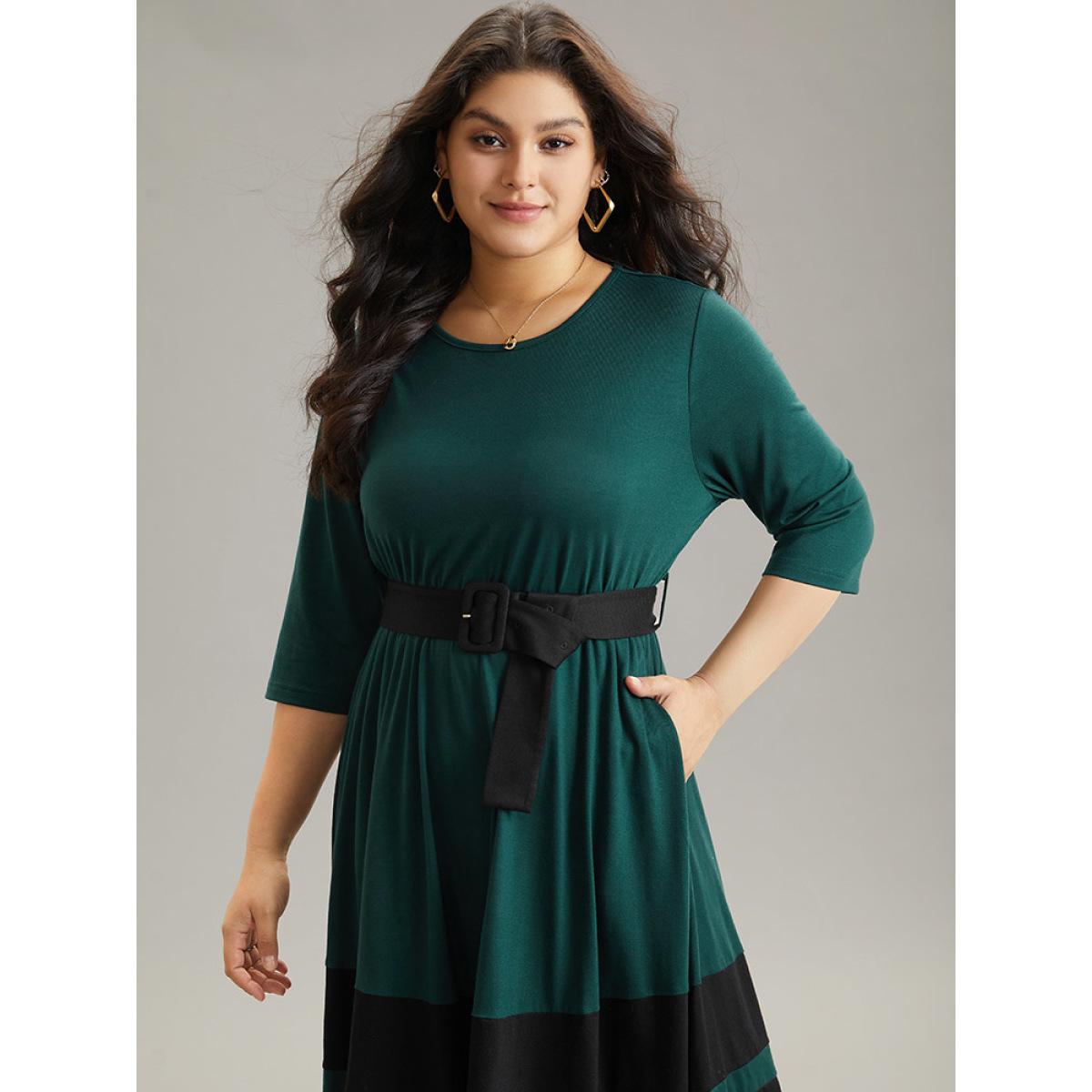 Plus Size Contrast Belted Buckle Detail Elastic Waist Dress DarkGreen Women Casual Belted Round Neck Elbow-length sleeve Curvy Midi Dress BloomChic 14-16/1X Product Image