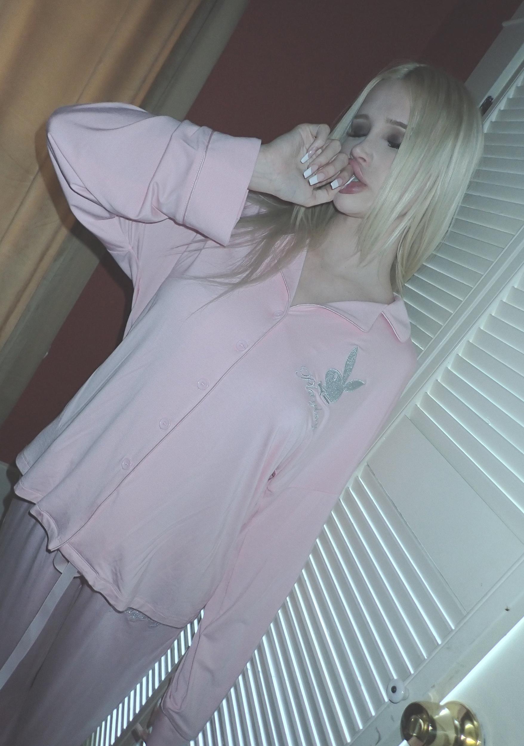 Dolls Kill x Playboy Playmate Stretchy Knit Logo Oversized PJ Set - Pink Product Image