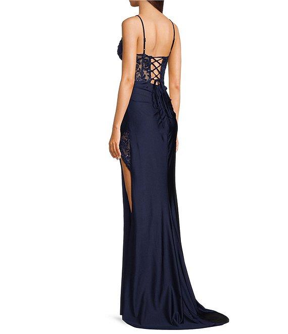 B. Darlin Sleeveless Sweetheart Neck Spaghetti Strap Illusion Lace Corset Side Slit Dress Product Image